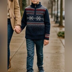 Christopher & Banks Blue/Red/White Fair Isle Quarter Zip Sweater Pullover